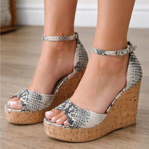 Steve Madden Snakeskin Cork Wedge Sandals Ankle Strap Platform